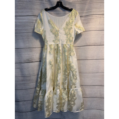 NWT Mestiza BHLDN Alfama Metallic Gold White Floral Flare Midi Dress Size 4