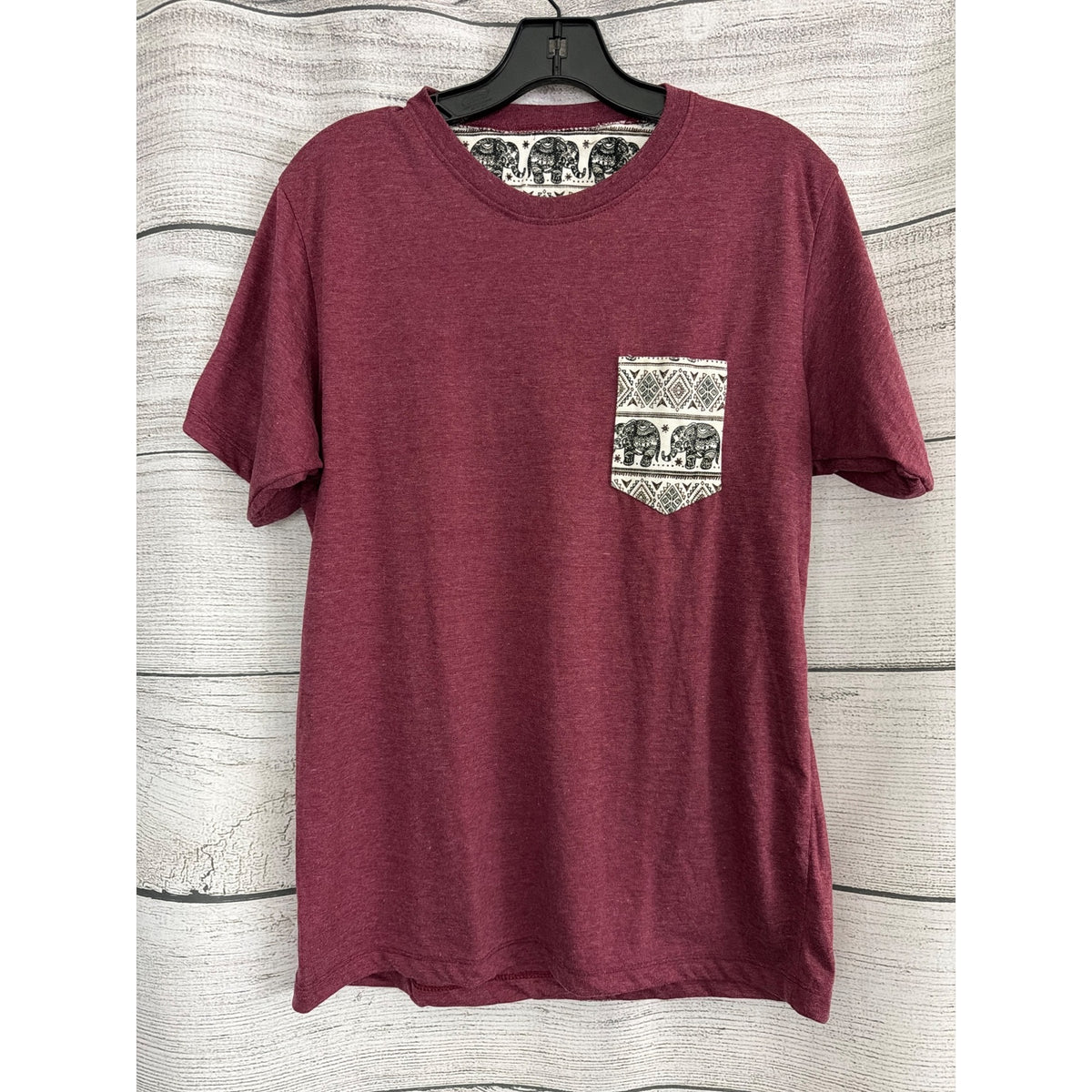 Mens Tribal Elephant Print Pocket T-Shirt Maroon