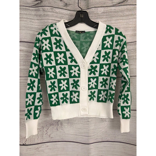 NWOT Nikka K Green & White Floral Checkered Knit Cropped Cardigan XS