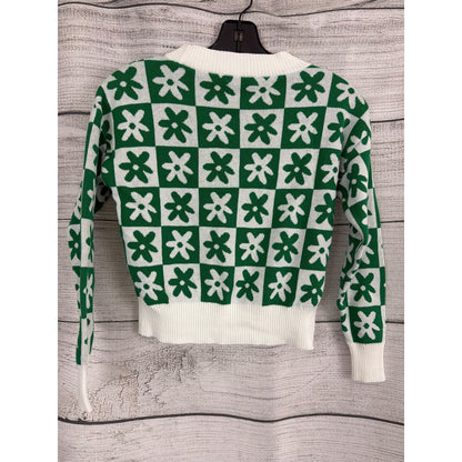 NWOT Nikka K Green & White Floral Checkered Knit Cropped Cardigan XS