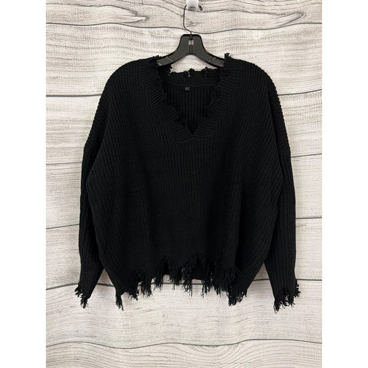 Distressed Black V-Neck Knit Sweater With Frayed Hem Size L
