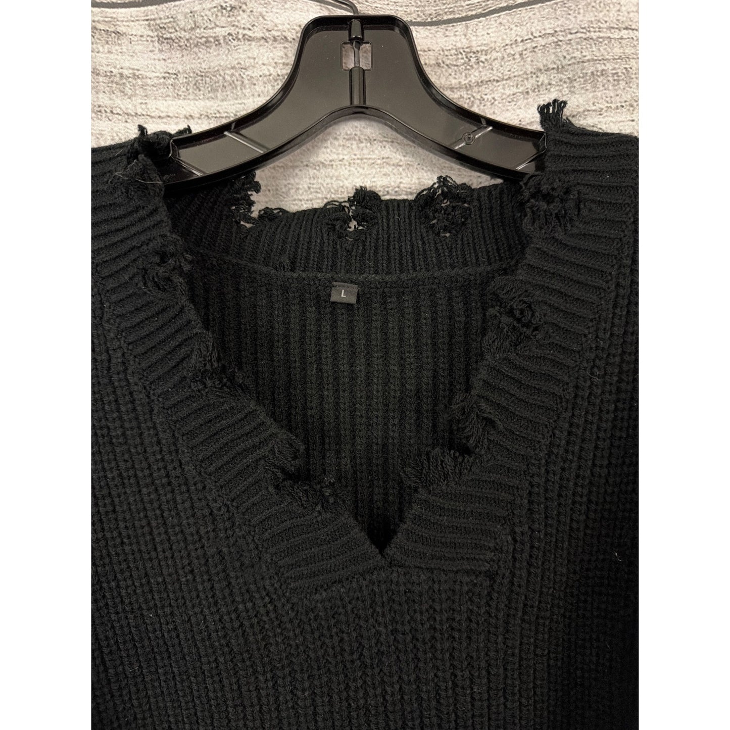Distressed Black V-Neck Knit Sweater With Frayed Hem Size L