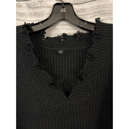 Distressed Black V-Neck Knit Sweater With Frayed Hem Size L