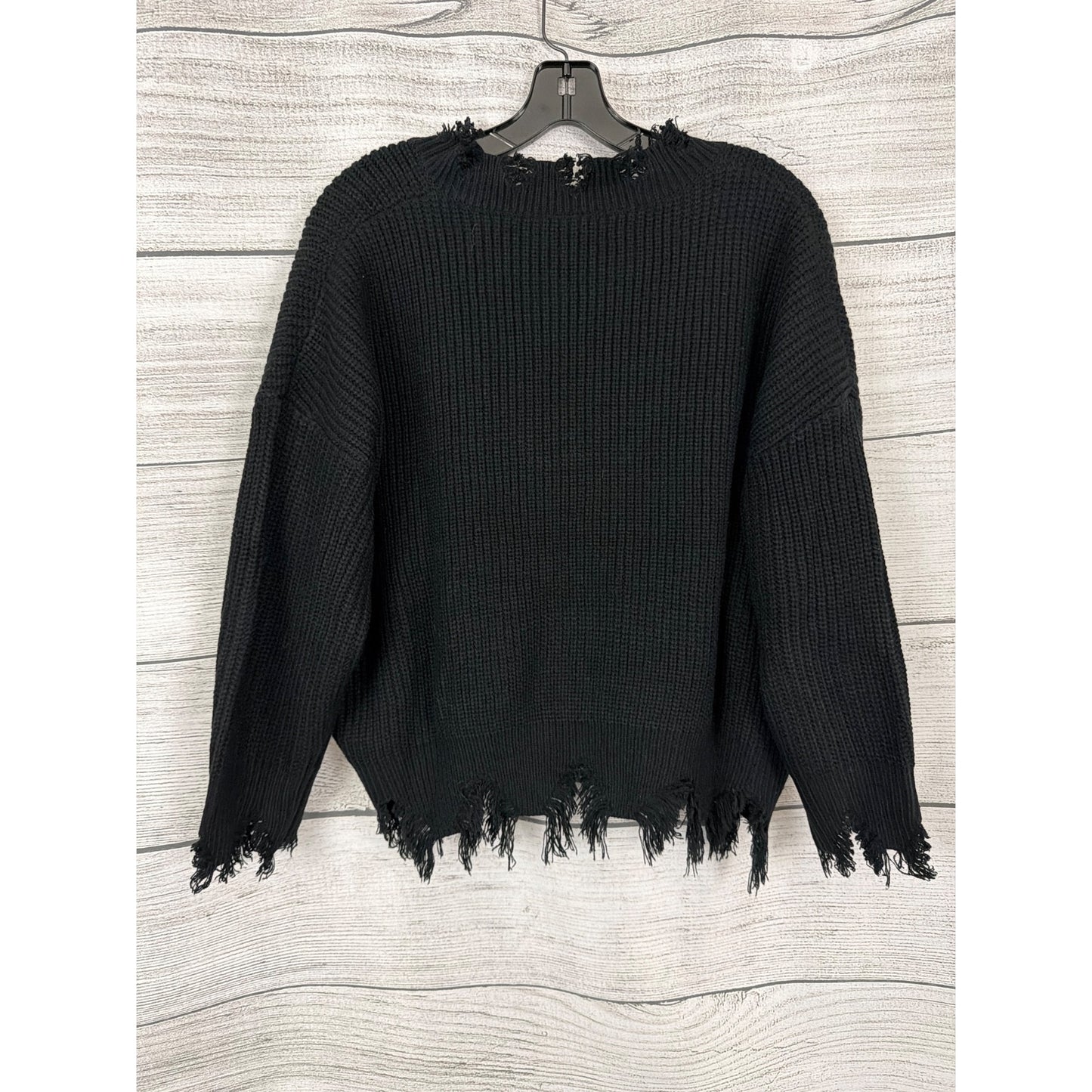 Distressed Black V-Neck Knit Sweater With Frayed Hem Size L