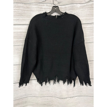 Distressed Black V-Neck Knit Sweater With Frayed Hem Size L