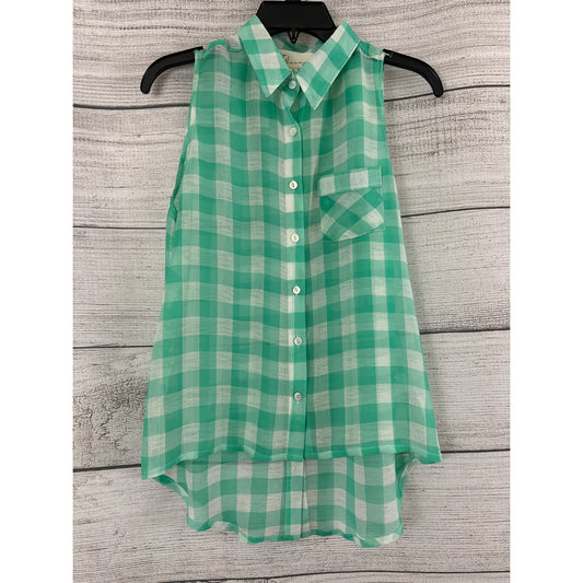Vintage Havana Green & White Checkered Sleeveless Button-Up Blouse Size L