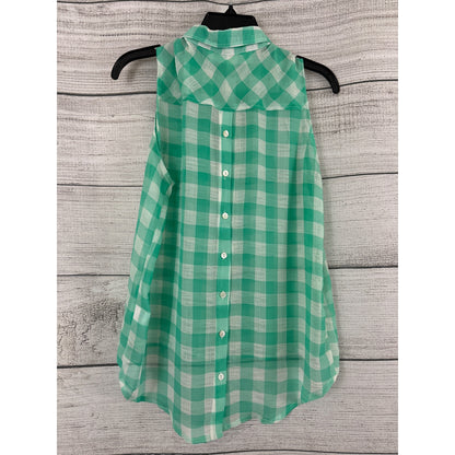 Vintage Havana Green & White Checkered Sleeveless Button-Up Blouse Size L