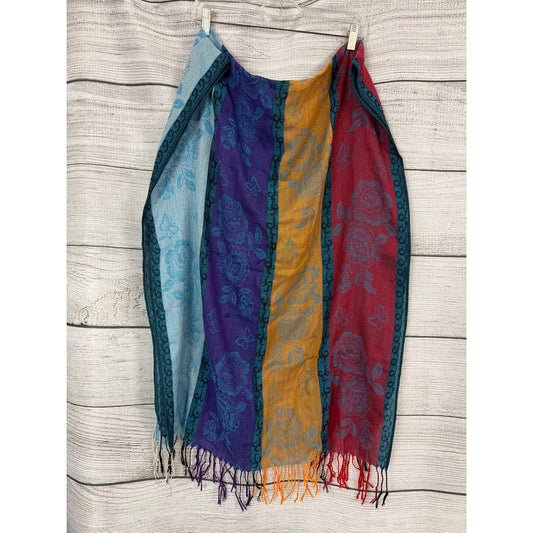 Colorful Floral Patterned Woven Scarf With Tassels