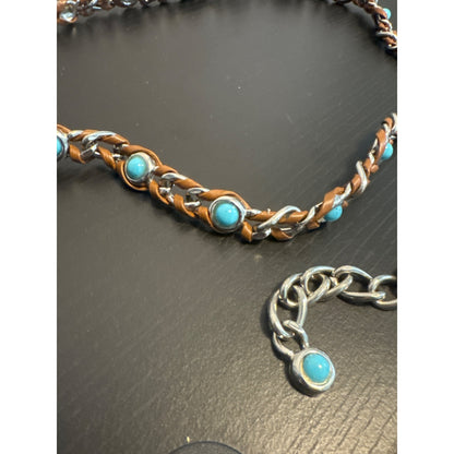 Vintage Silver & Brown Leather Belt With Turquoise Accents