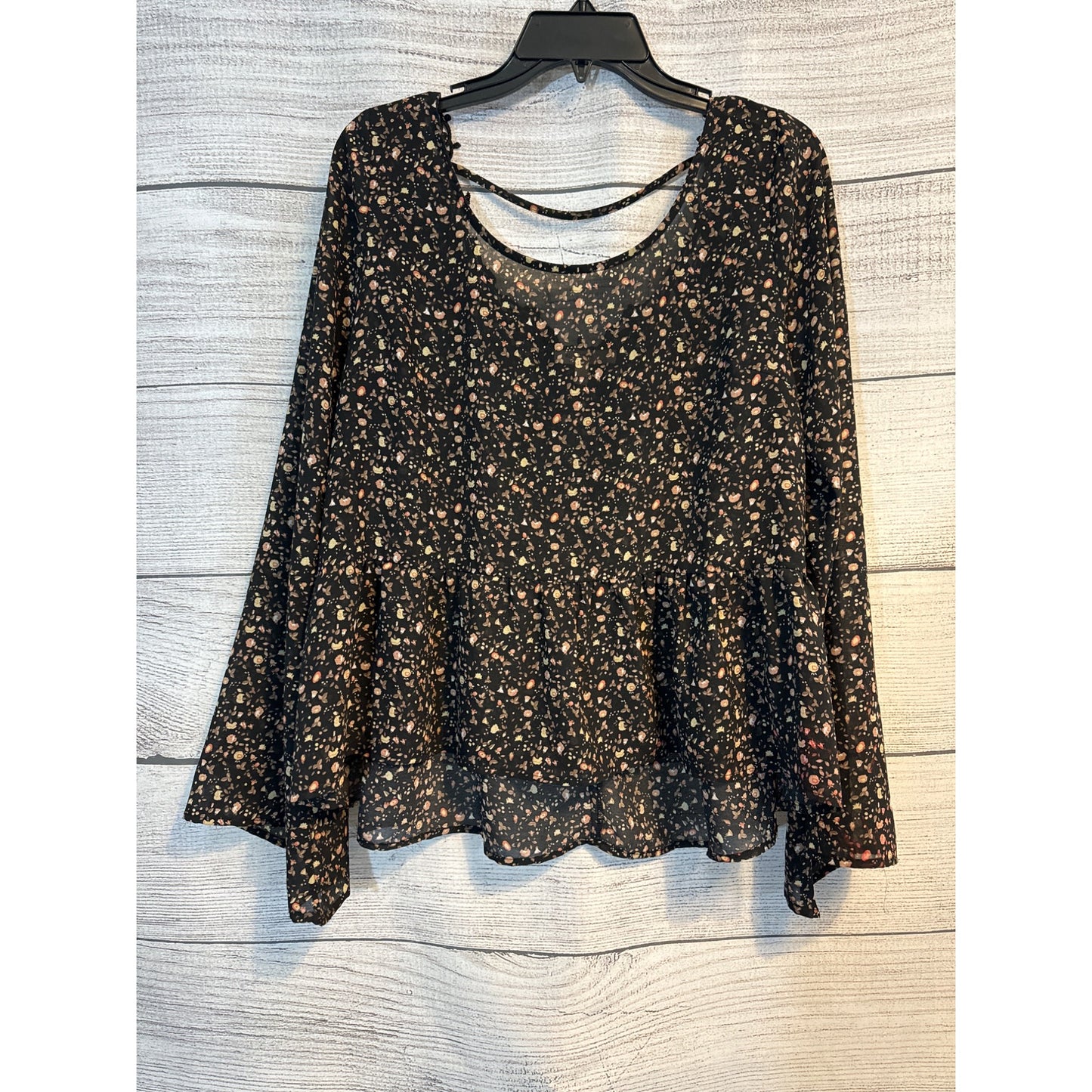 Blu Pepper Floral Lace Black Blouse With Bell Sleeves Size L