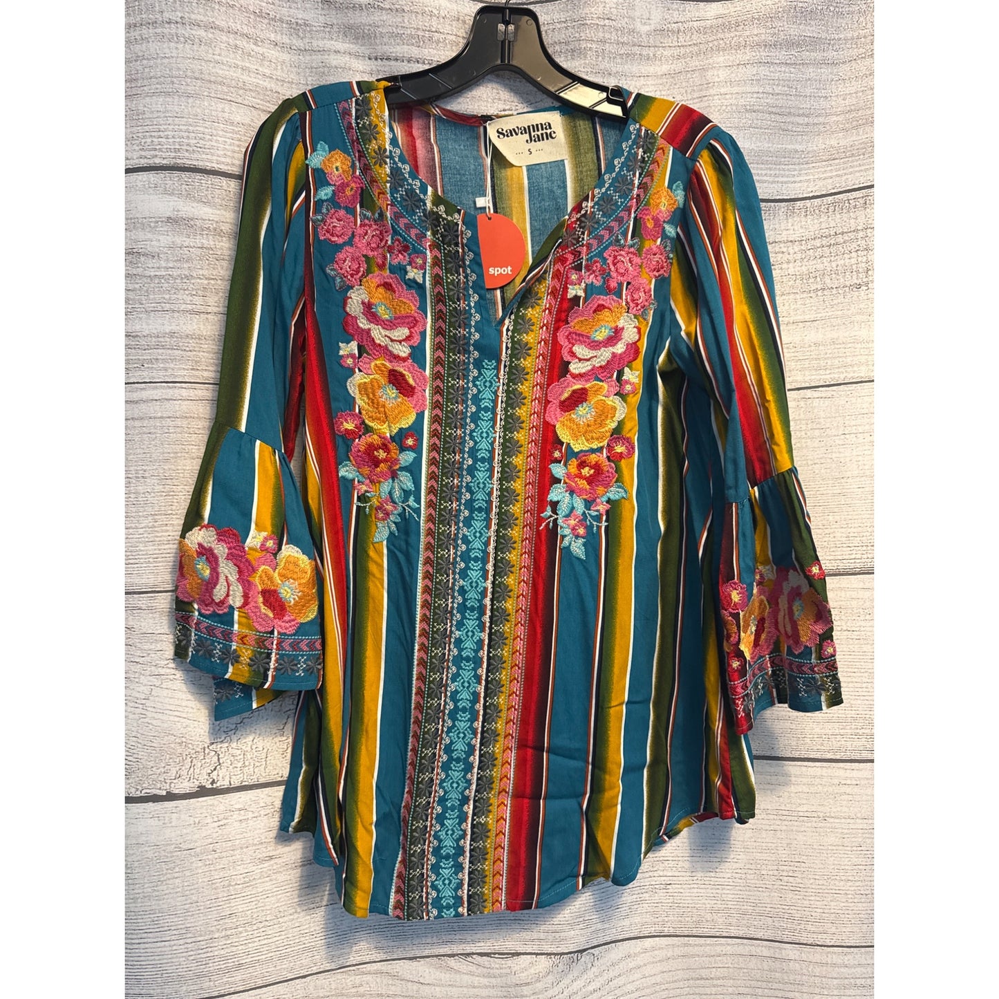 NWT Savanna Jane Boho Chic Bell Sleeve Stripe Embroidered Floral Top Size S