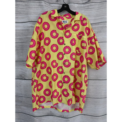 Uzzi Mens Yellow Button-Up Shirt With Pink Donut Print Size XXL