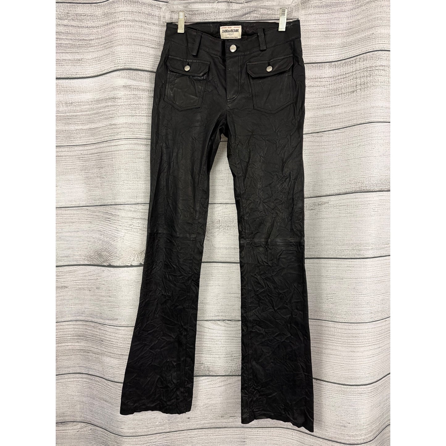 Zadig & Voltaire Black Faux Leather Flare Hippie Cuir Froisse Pants Size 34