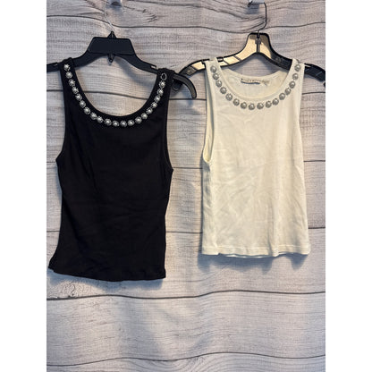 Alice + Olivia Kori Pearl Embellished Ribbed Tank Tops Size S