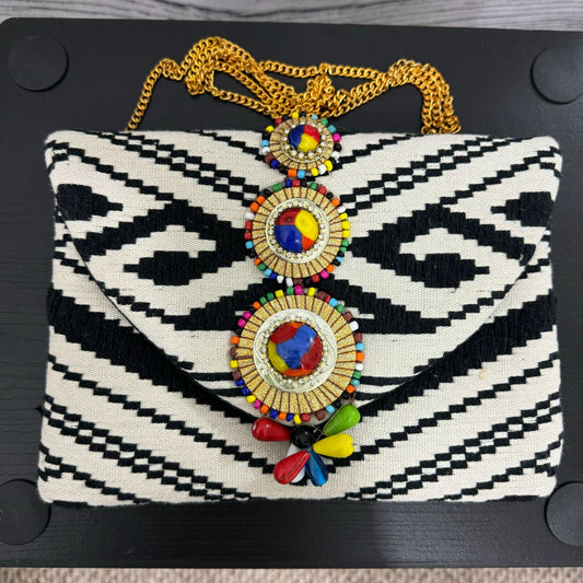 Tribal Patterned Clutch Purse With Colorful Beaded Embellishment & Gold Chain Strap