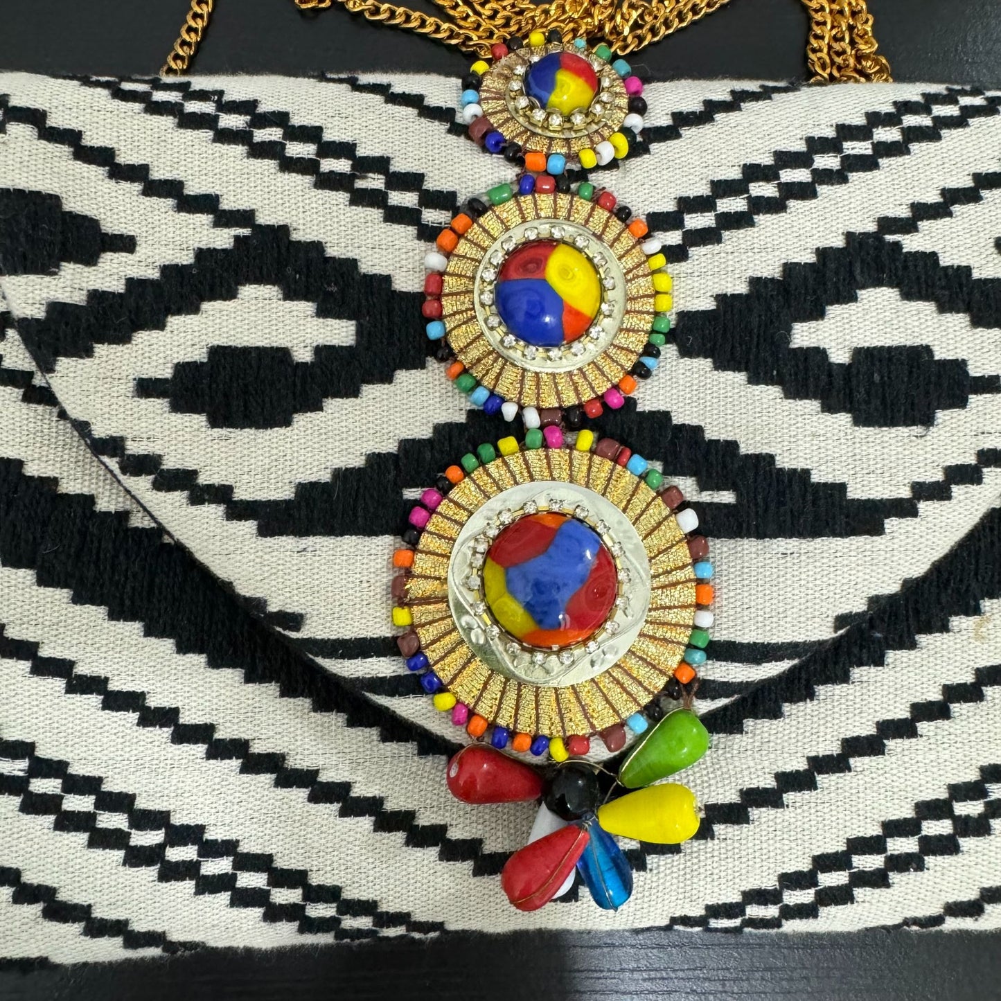 Tribal Patterned Clutch Purse With Colorful Beaded Embellishment & Gold Chain Strap