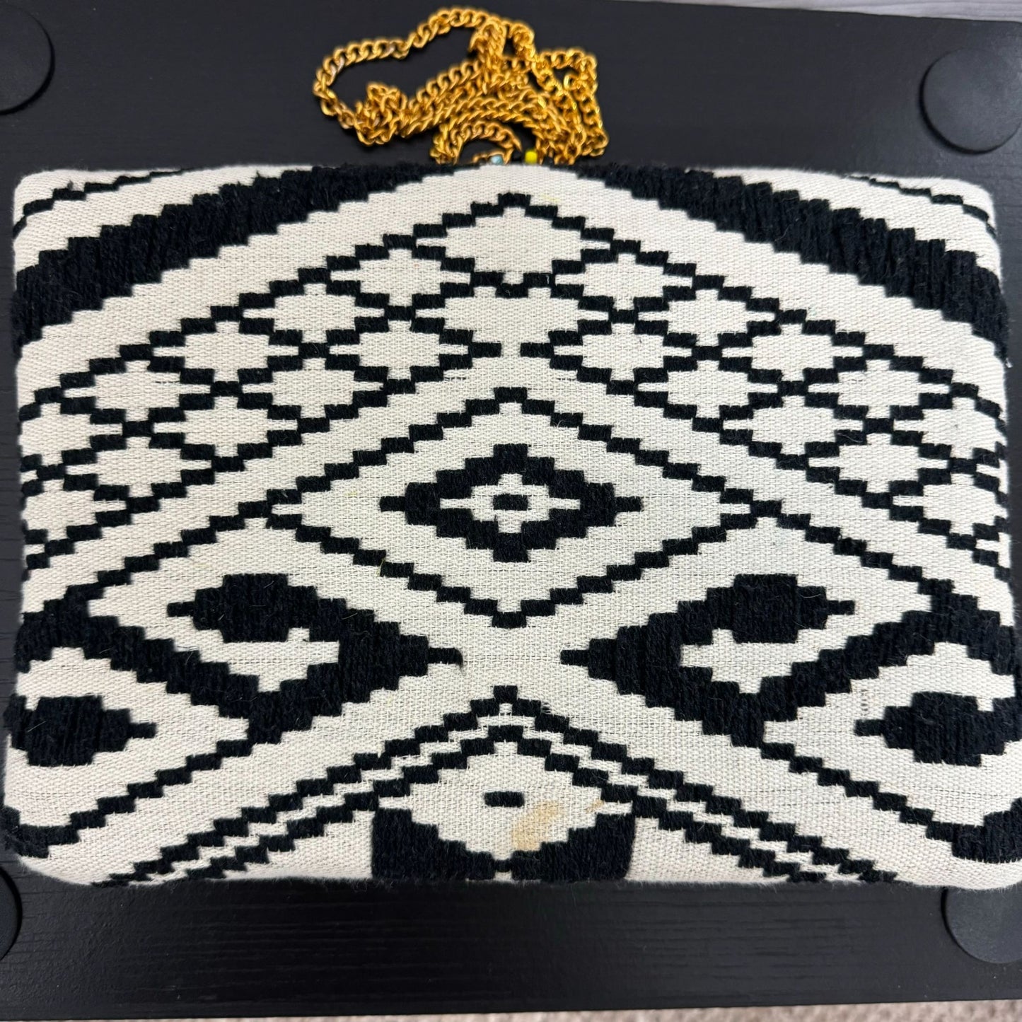 Tribal Patterned Clutch Purse With Colorful Beaded Embellishment & Gold Chain Strap