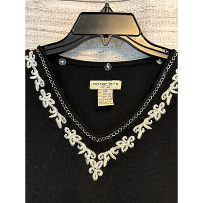 Notations Embellished Black Sweater Top With Silver Trim 3/4 Sleeves Size PM