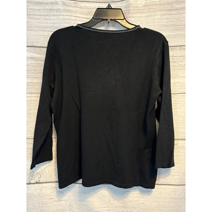Notations Embellished Black Sweater Top With Silver Trim 3/4 Sleeves Size PM