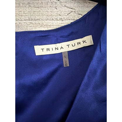 Trina Turk Royal Blue Sleeveless Pleated Scoop Neck Blouse Top L