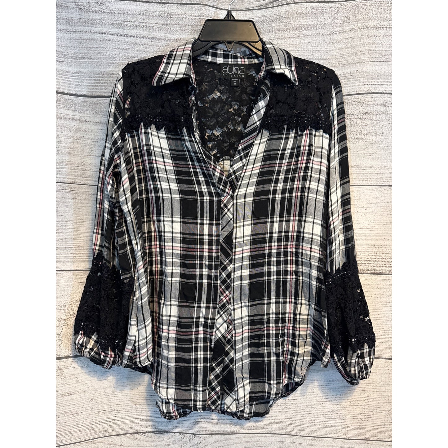 Atina Cristina Plaid Button-Up Shirt With Lace Detailing & 3/4 Sleeves Size M