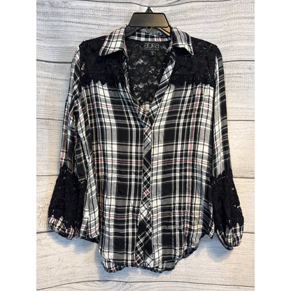 Atina Cristina Plaid Button-Up Shirt With Lace Detailing & 3/4 Sleeves Size M