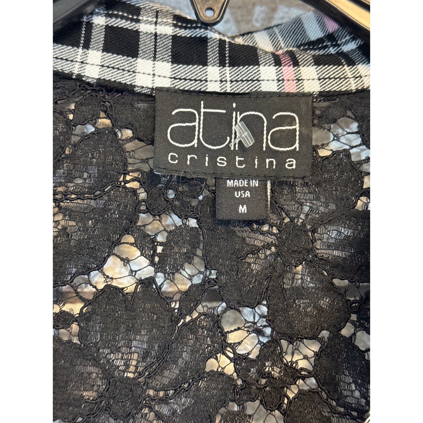 Atina Cristina Plaid Button-Up Shirt With Lace Detailing & 3/4 Sleeves Size M