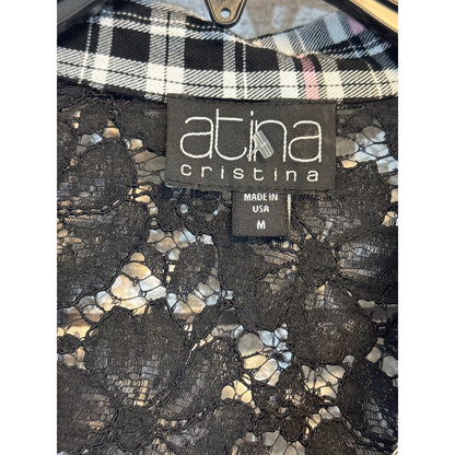 Atina Cristina Plaid Button-Up Shirt With Lace Detailing & 3/4 Sleeves Size M