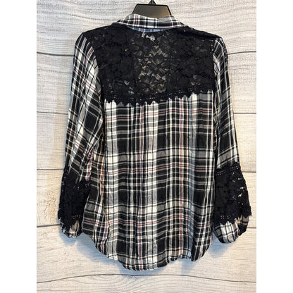 Atina Cristina Plaid Button-Up Shirt With Lace Detailing & 3/4 Sleeves Size M