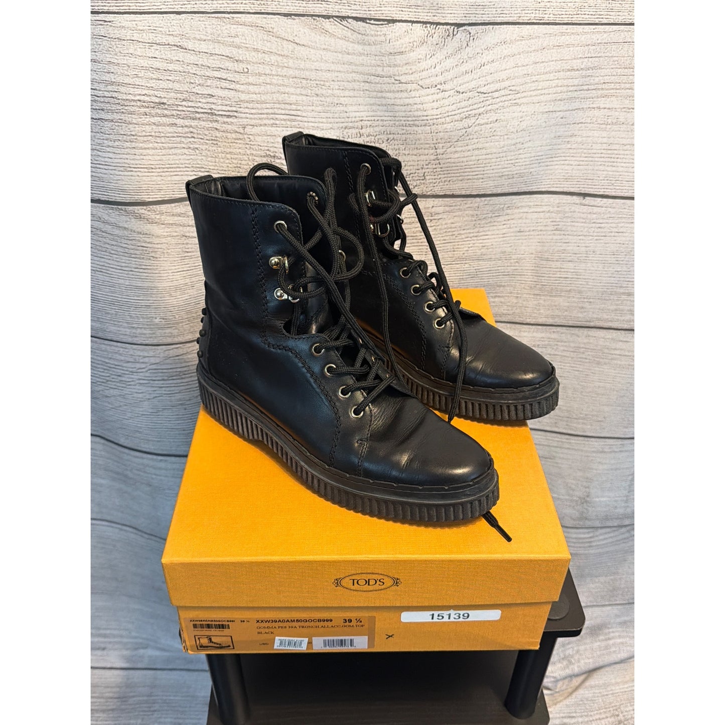 Tods Black Leather Combat Boots With Studs Size 39.5