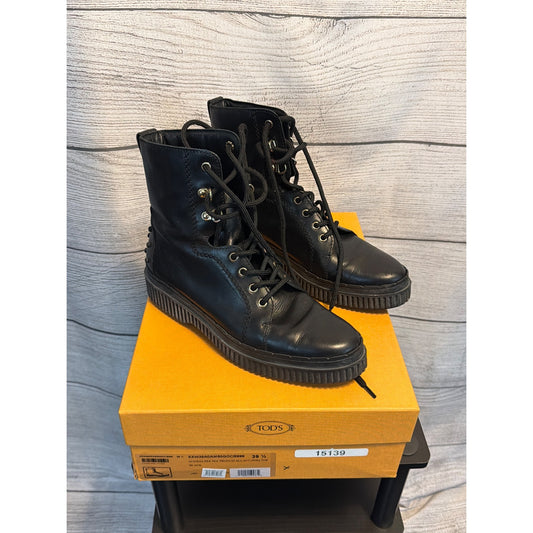Tods Black Leather Combat Boots With Studs Size 39.5