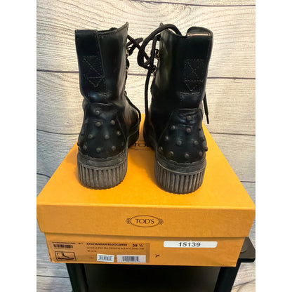 Tods Black Leather Combat Boots With Studs Size 39.5