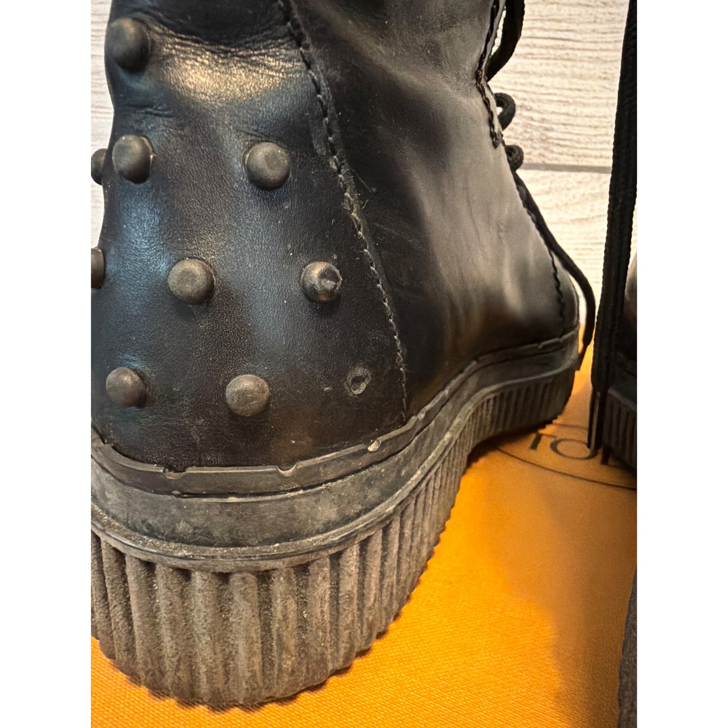 Tods Black Leather Combat Boots With Studs Size 39.5