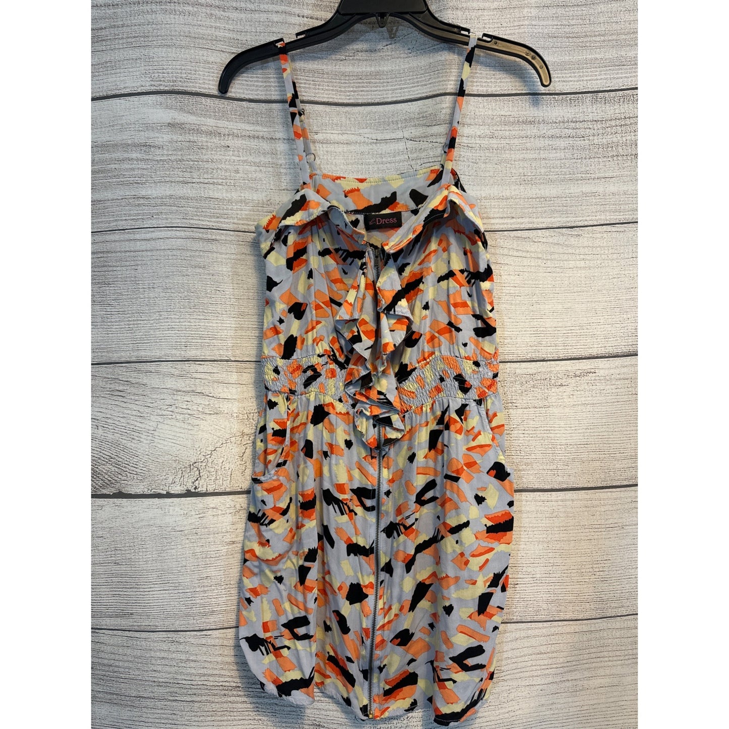 Le Dress Spaghetti Strap Colorful Abstract Print Ruffle Front Size M