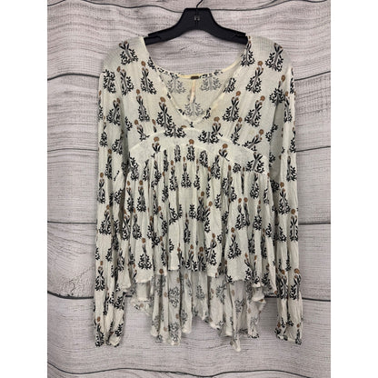 Free People Ivory Floral Print Long-Sleeve Babydoll Top Size S