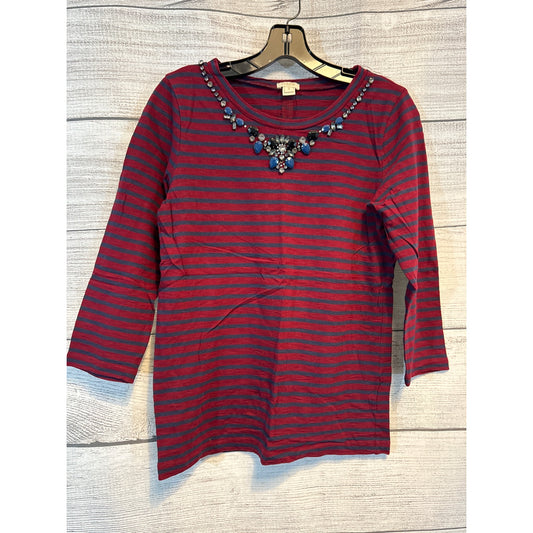 J.Crew Bejeweled Striped Red & Navy 3/4 Sleeve Top Size S