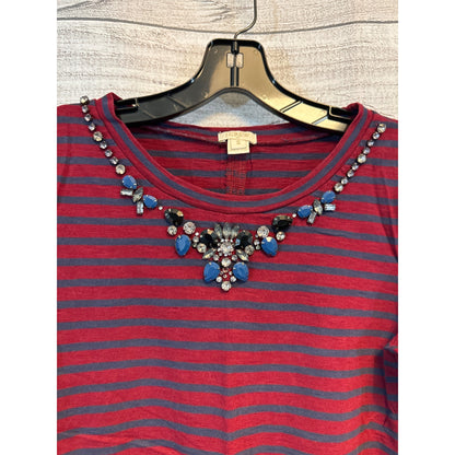 J.Crew Bejeweled Striped Red & Navy 3/4 Sleeve Top Size S
