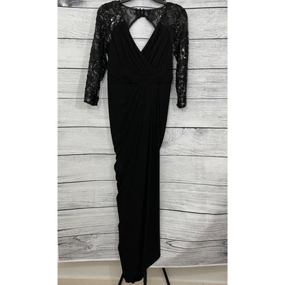 Adrianna Papell Black Evening Gown With Sequin Lace Sleeves & Keyhole Back, Size 4