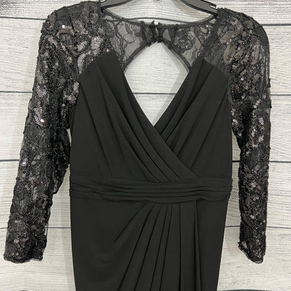 Adrianna Papell Black Evening Gown With Sequin Lace Sleeves & Keyhole Back, Size 4