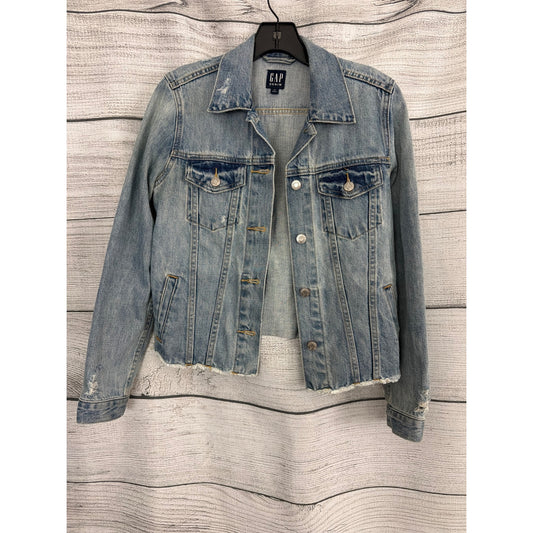 Gap Denim Light Wash Distressed Jean Jacket With Raw Hem Size XS