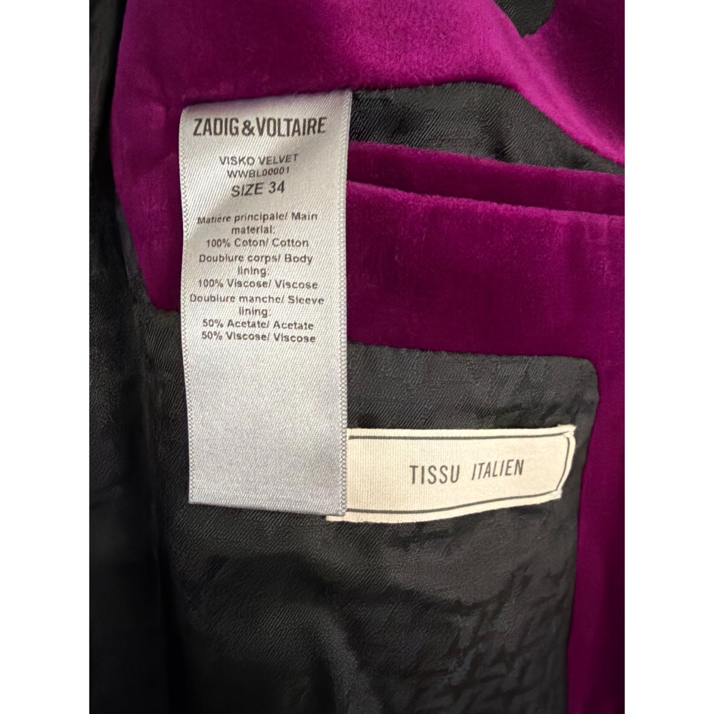 Zadig & Voltaire Visko Velvet Jacket Size 38, shorts size 36