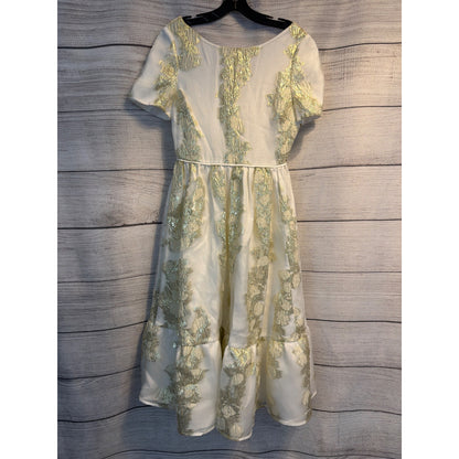 NWT Mestiza BHLDN Alfama Metallic Gold White Floral Flare Midi Dress Size 4
