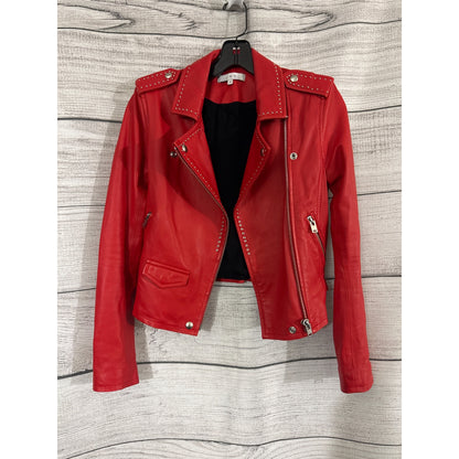 IRO Asheville Red Lamb Leather Studded Moto Jacket Size 38
