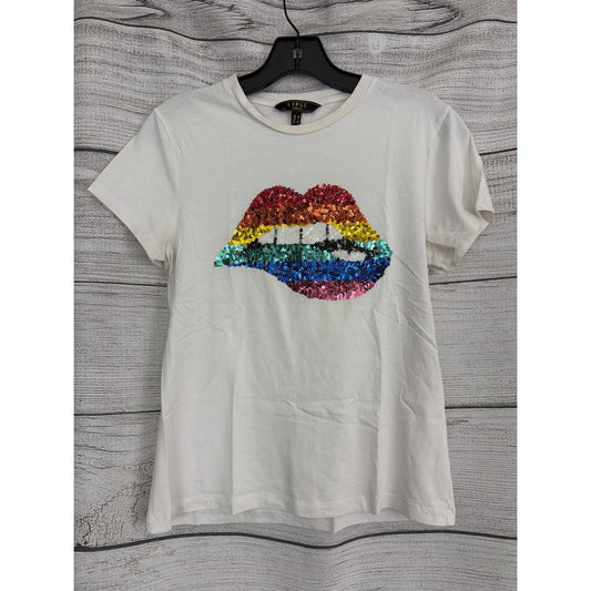 Lipsy London White Tee With Sequin Rainbow Lips Size US 6