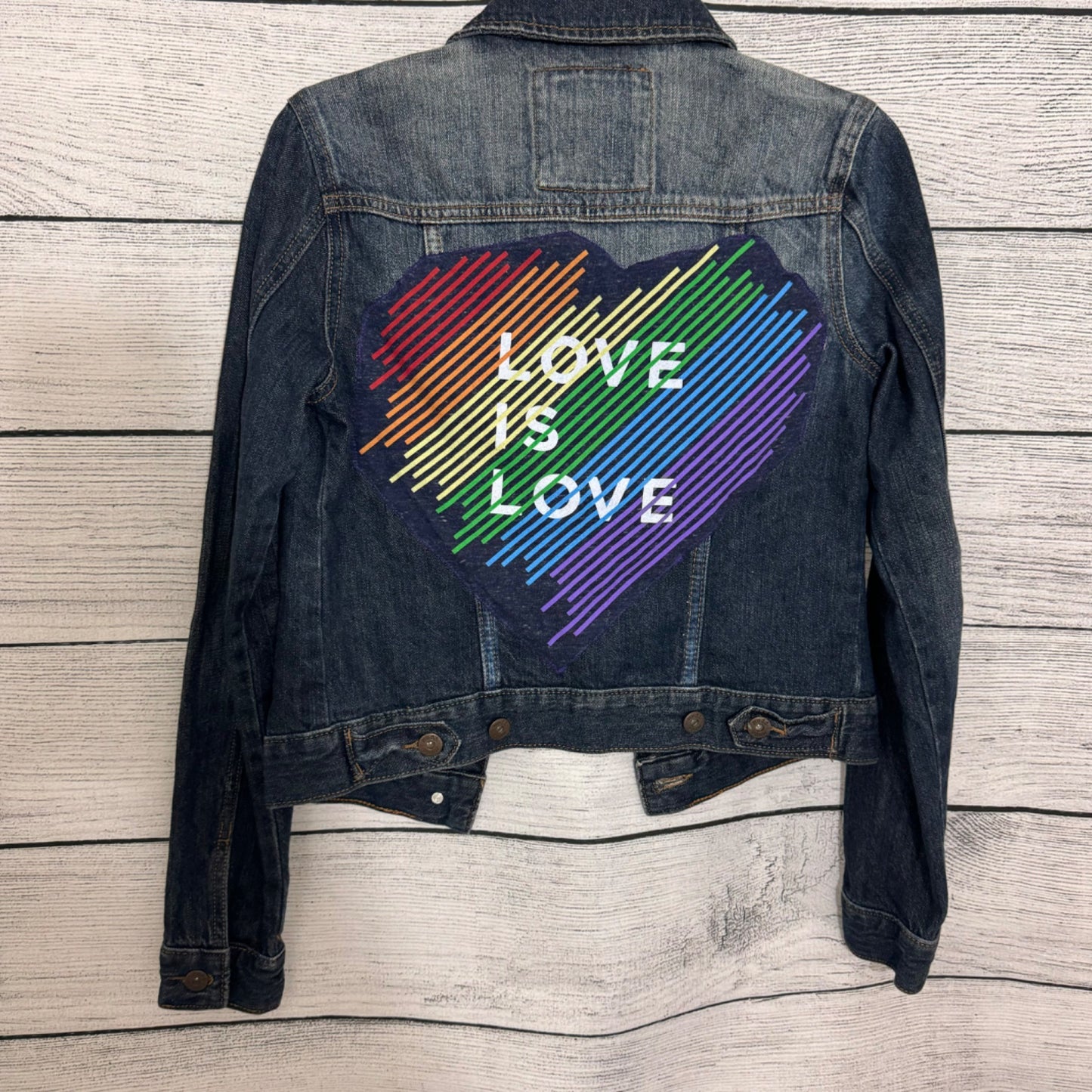Mudd Denim Jacket With Rainbow Heart "Love Is Love" Graphic Size S