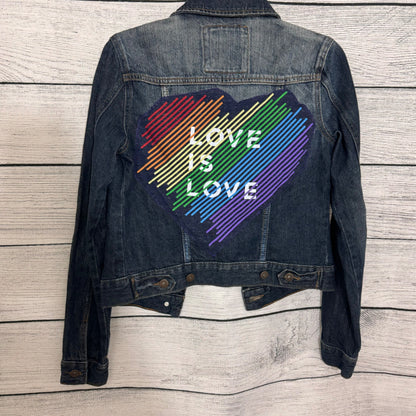 Mudd Denim Jacket With Rainbow Heart "Love Is Love" Graphic Size S