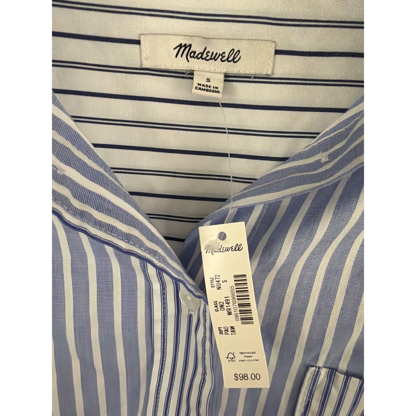 NWT Madewell Oversized Blue & White Striped Button-Up Shirt Size S