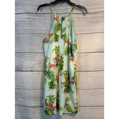 Everly Tropical Flamingo green and pink Print Dress Size L