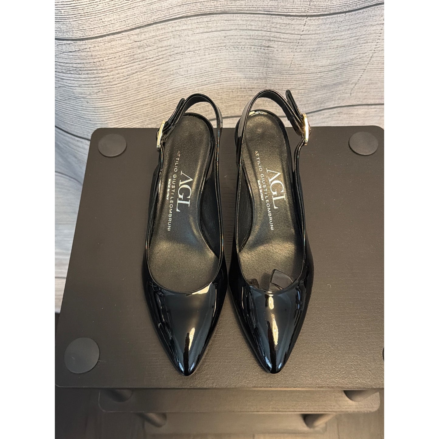 Attilio Giusti Leobruni AGL Black Patent Leather Slingback Heels Size 37