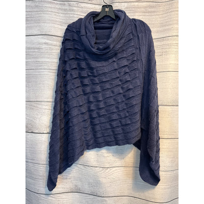 Navy Blue Textured Knit Poncho With Cowl Neckline O/S